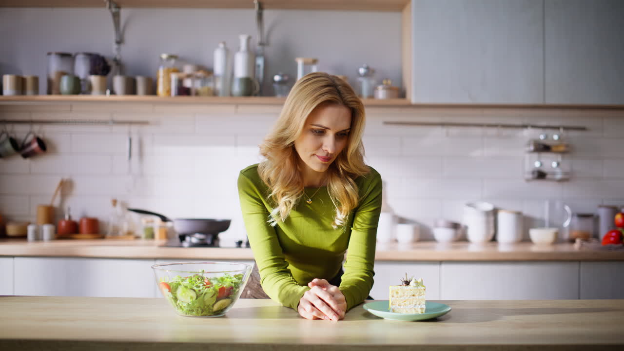 Худеющая женщина делает выбор между полезным салатом и вкусным тортом на кухне, крупным планом.