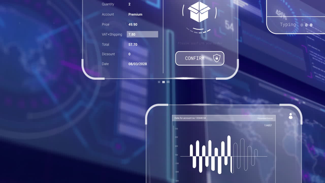 On screen, animation showing order confirmation details and cost estimates in school