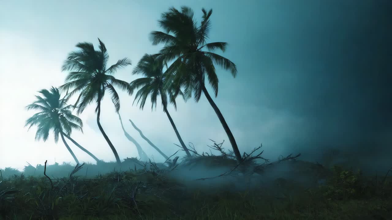 Tropical Island Storm with Lightning and Palm Trees