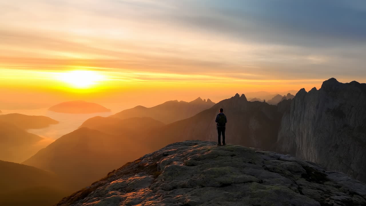 Escursionista su crinale montuoso all'alba, figura minuscola che domina cime a strati e nebbia dorata, cielo dai colori pastello tenui.