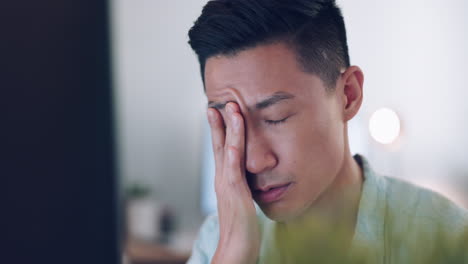 Asian-businessman,-tired-and-hand-on-face