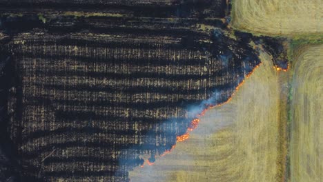 aerial drone shot of stubble burning of left overs from wheat field harvest causing smog and heavy air pollution in north india