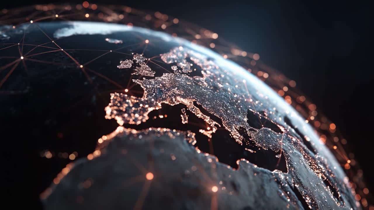 A Detailed Close-Up View of Earth Highlighting Europe with Illuminated Connections, Showcasing Global Networks and Modern Technology in Action