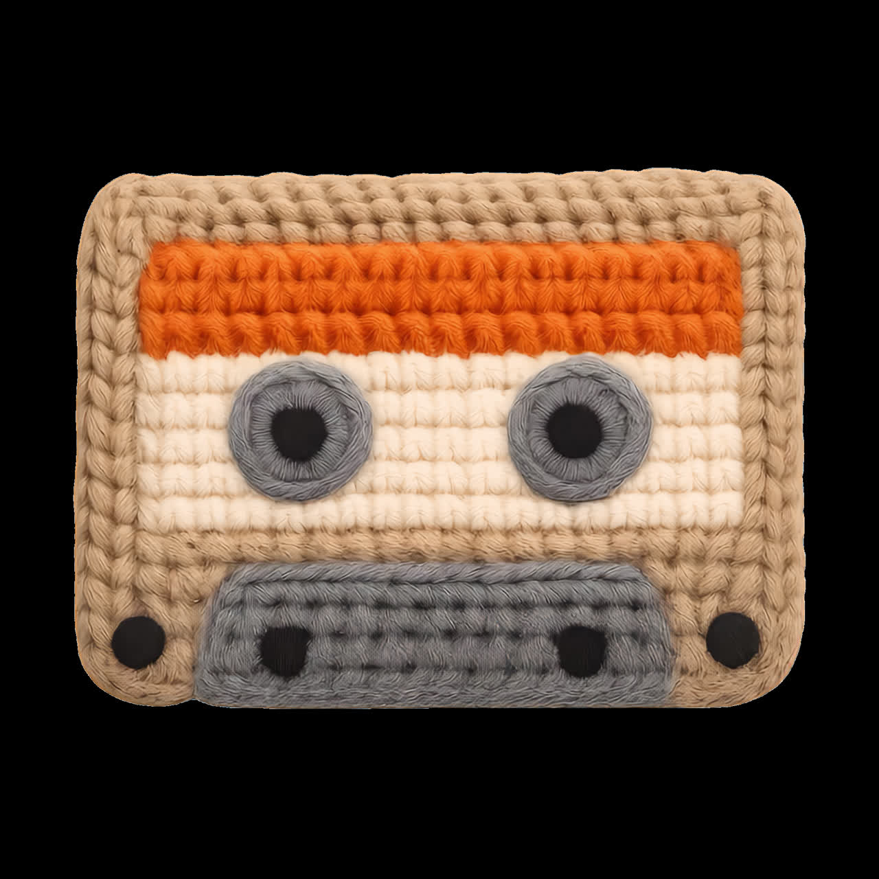 Crochet cassette tape animation isolated asset, transparent 4K video, alpha channel, ProRes 4444