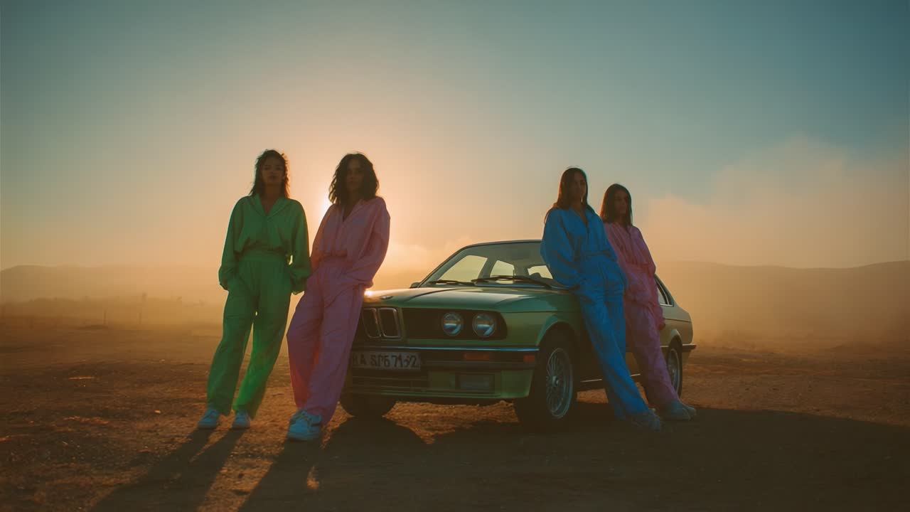 A Vibrant Gathering of Four Friends in Colorful Outfits by a Classic Car Against a Stunning Sunset Backdrop, Emphasizing Friendship, Style, and Adventure in a Remote Desert Landscape