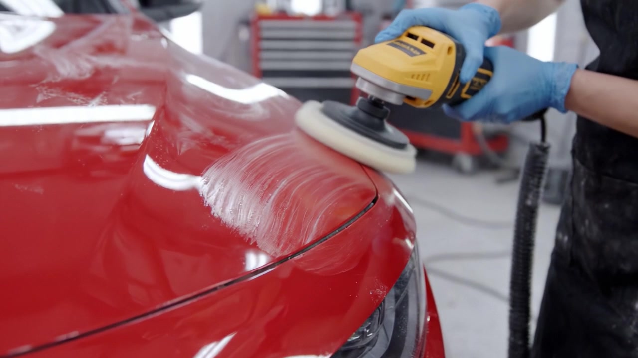 Detalhamento de um Carro Vermelho: Um Close-up do Processo de Polimento Aumentando o Brilho e a Suavidade da Superfície para um Acabamento Impecável e Proteção Contra Danos Ambientais