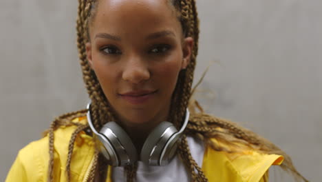 Music,-headphones-and-face-with-a-black-woman