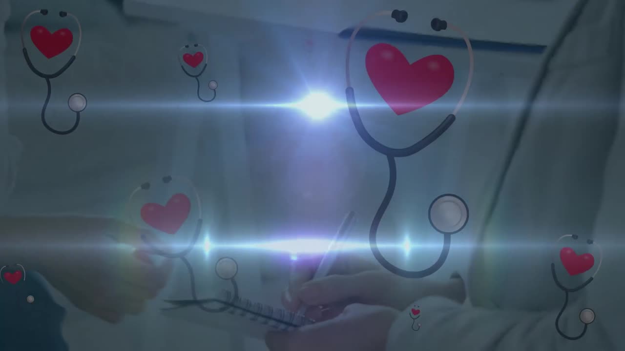 백인 환자가 의사에게 문제를 말하는 스테토스코프를 가진 은 심장의 애니메이션