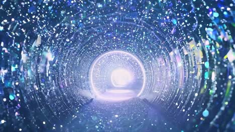 light flows through a sparkling blue tunnel, leading to a bright white circular portal at the end