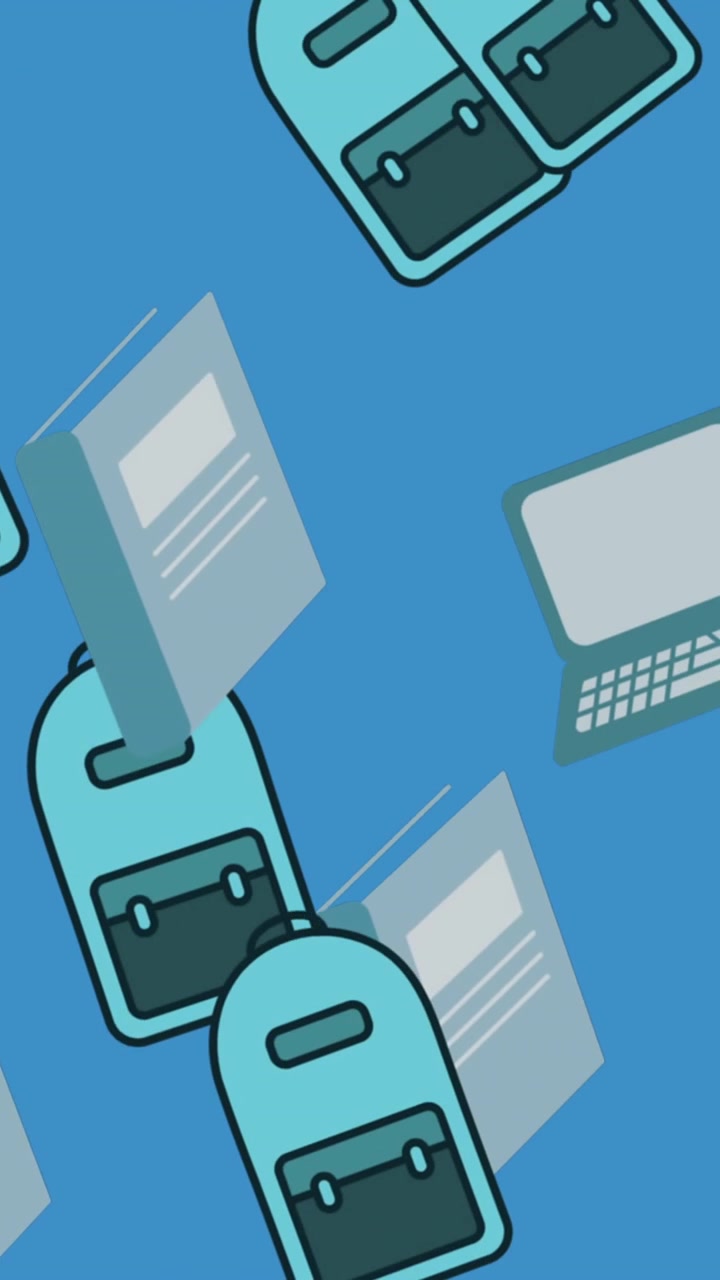 Animated School Supplies Pattern with Backpacks, Books, and Laptops