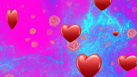 animación de corazones sobre manchas y rosas