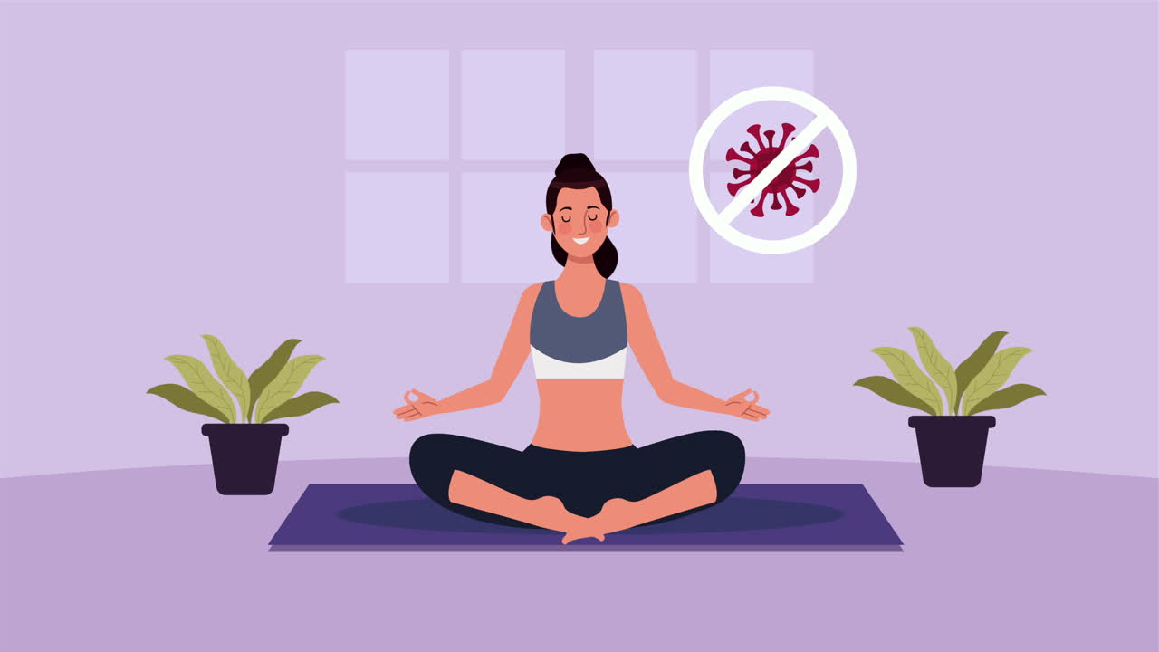 코로나19 예방 방법을 위해 집에서 요가를 연습하는 여성