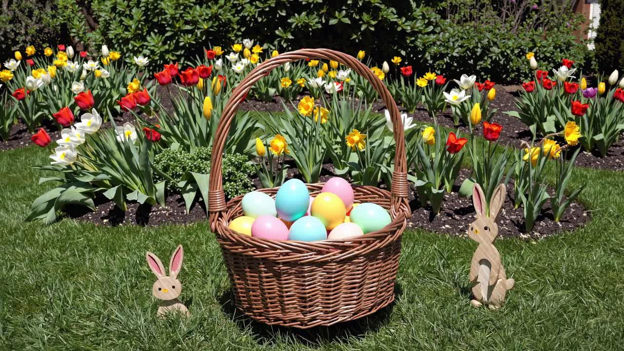Wicker basket full of colorful Easter eggs displayed in a vibrant garden setting with wooden Easter bunnies, celebrating the arrival of spring and the joy of Easter