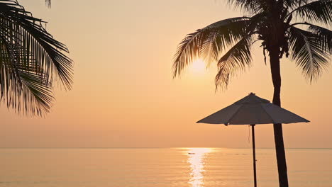 una sombrilla solitaria se encuentra entre dos palmeras de coco respaldadas por una puesta de sol naranja y amarilla brillante