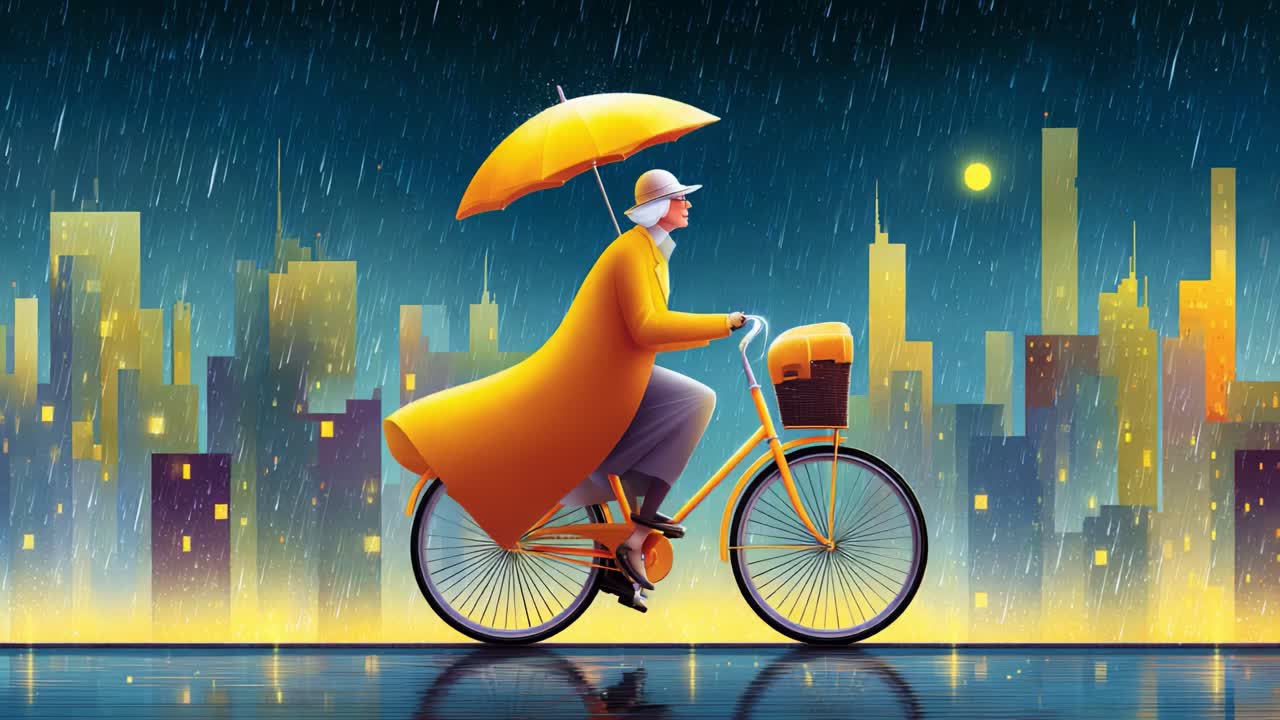 A Vibrant Scene of a Cyclist Riding Through a Rainy City with an Umbrella, Embracing the Winter Weather in a Bright Yellow Coat, Amidst Urban Skyscrapers and Glowing Lights