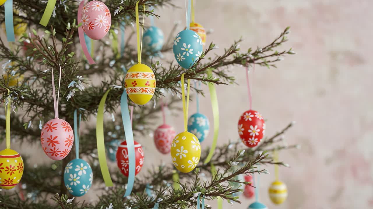 Vibrant and Colorful Easter Decorations with Ornately Designed Eggs Hanging from a Green Tree Celebrating Spring Festivities and Joyful Traditions