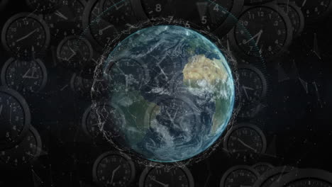 animación de relojes que se mueven rápidamente sobre el giro del globo