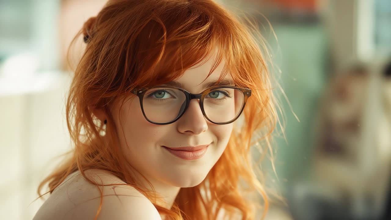 Showing fair-skinned woman blinking slowly and tilting head in softly lit room, with eyeglasses