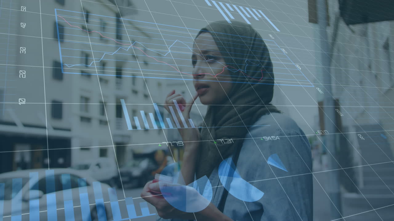 Animazione di elaborazione dati finanziari su donna birazziale felice con hijab che applica un balsamo per labbra per strada