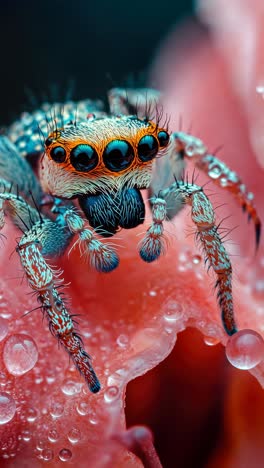 close-up view of a colorful spider on a flower petal with droplets