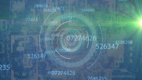 Multiple-changing-numbers-and-green-spot-of-light-against-round-scanner