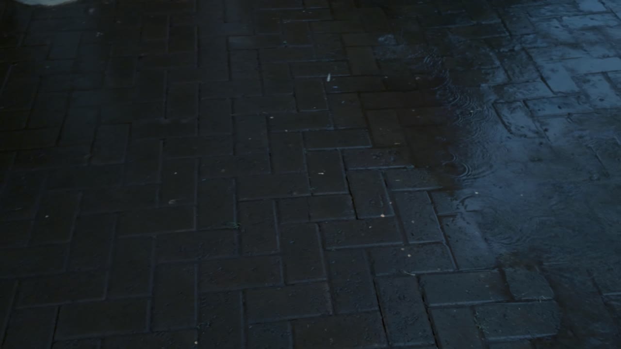 pan izquierdo disparó a una lluvia cae en un piso pavimentado