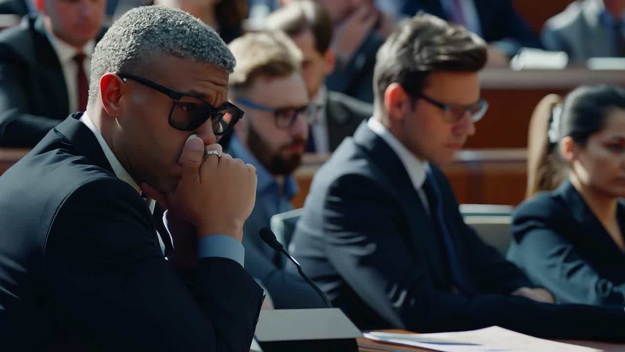 A man in a suit listening intently at a conference