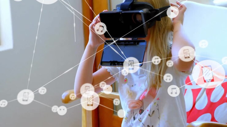 Animation of network of connections with icons over caucasian girl with vr headset