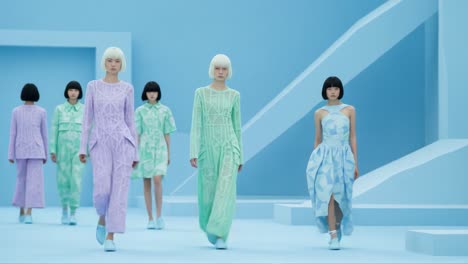 an elegant fashion showcase on a serene blue runway, featuring models in pastel geometric designs and contemporary silhouettes captivating the audience