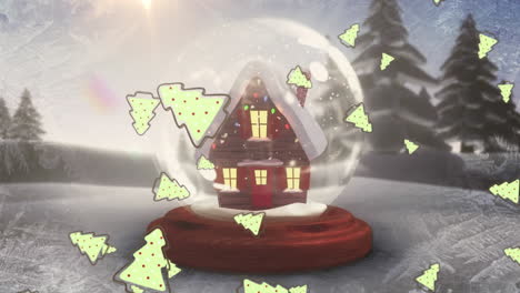 animation of christmas trees falling over snow globe