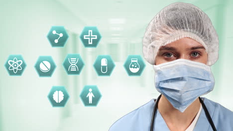 múltiples iconos médicos contra el retrato de una cirujana con una máscara facial