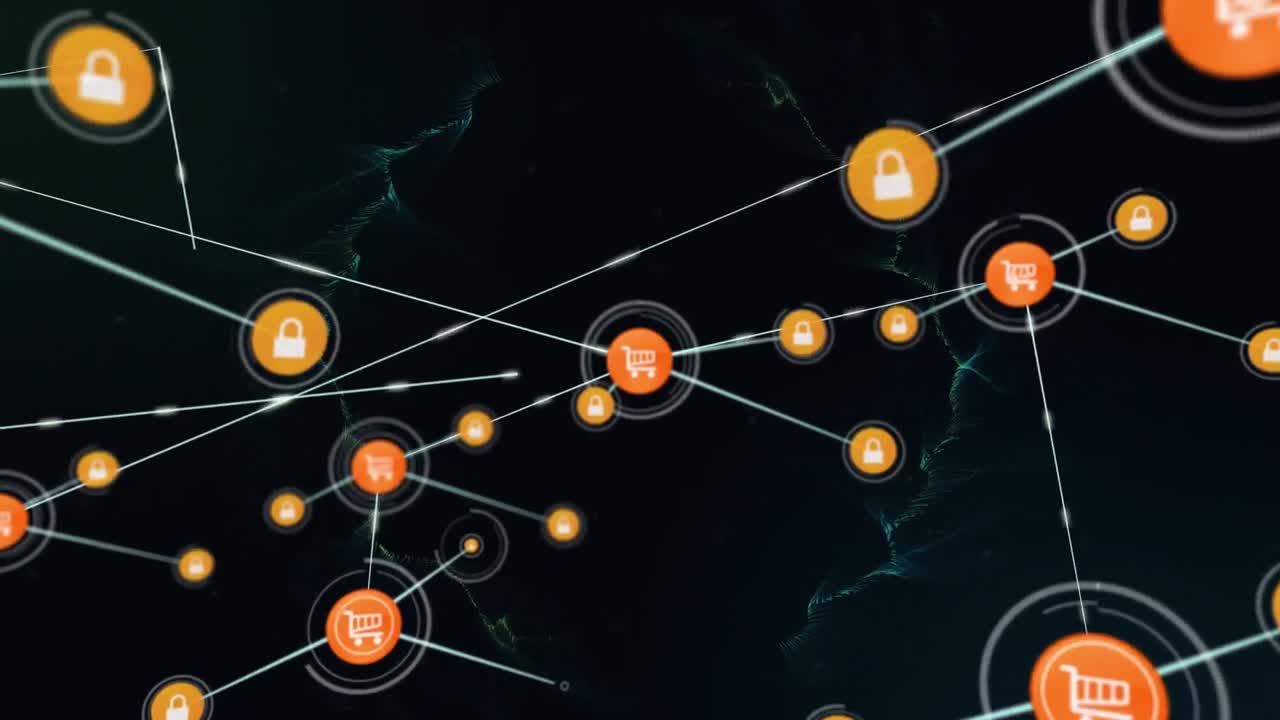 Animazione di una rete di connessioni con icone digitali su scie di fumo verde