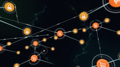 Animation-of-network-of-connections-with-digital-icons-over-green-smoke-trails