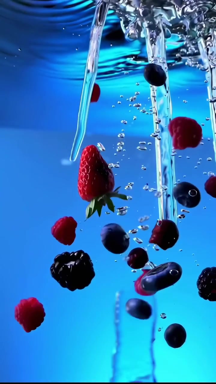 Fresh Berries Falling into Clear Water with Bubbles