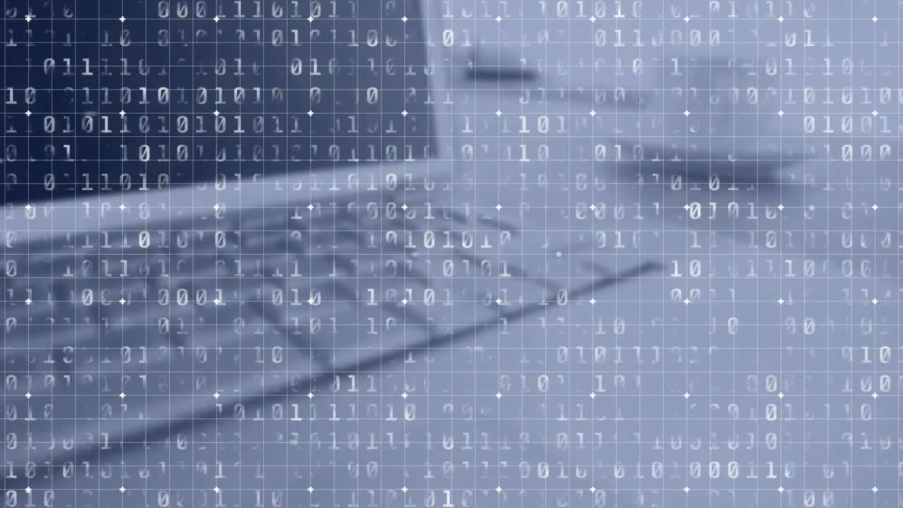 Animation of binary coding over laptop in background