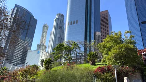 Downtown-Los-Angeles-Skyscrapers-and-Towers-Above-Angels-Flight-Funicular-Station,-California-USA,-Panorama