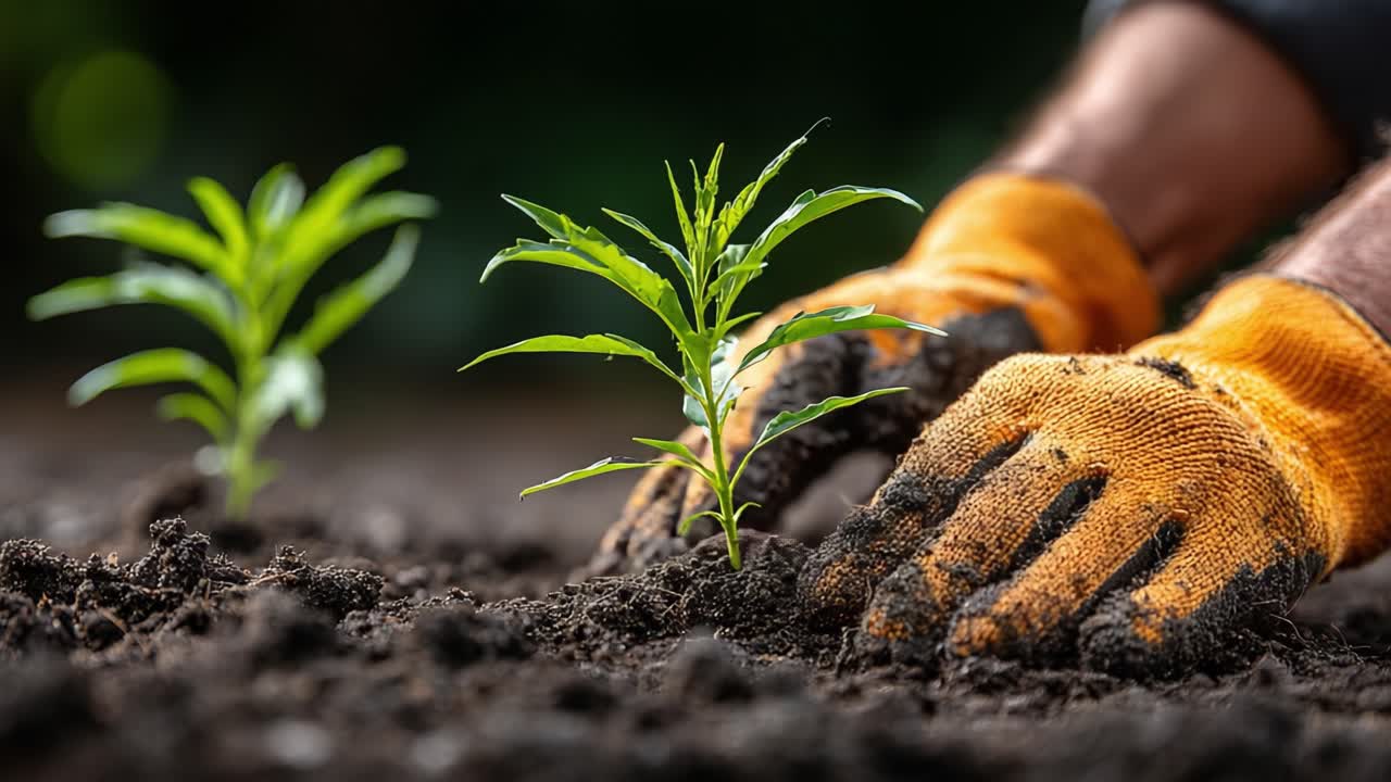 Cultivating New Growth: A Hands-On Approach to Gardening, Showcasing Careful Planting Techniques with Lush Green Seedlings Emerging from Rich Soil