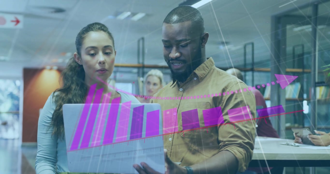 Animation of financial data processing over diverse business people in office
