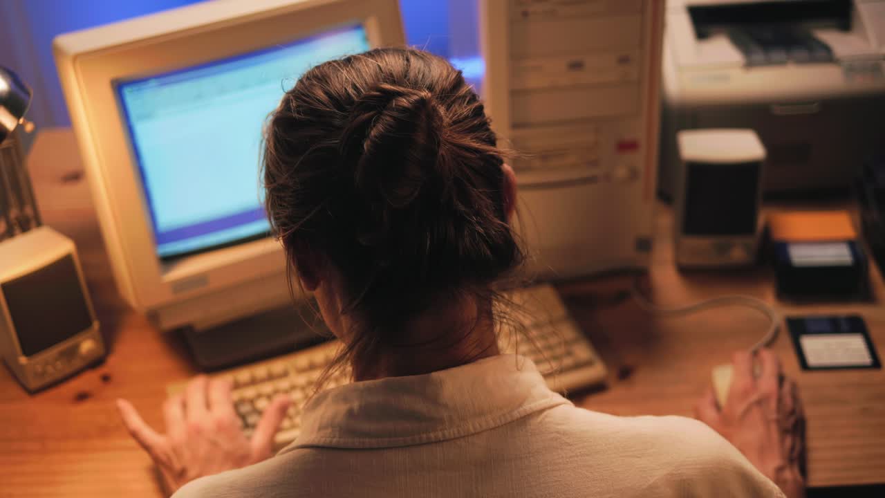 Man working and gaming on retro computer PC, IT engineer with vintage computer at home, using old fashion technology, close up of retro setup.