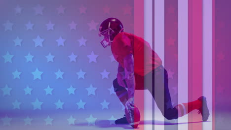 animation of caucasian american football player kneeling and flag of usa