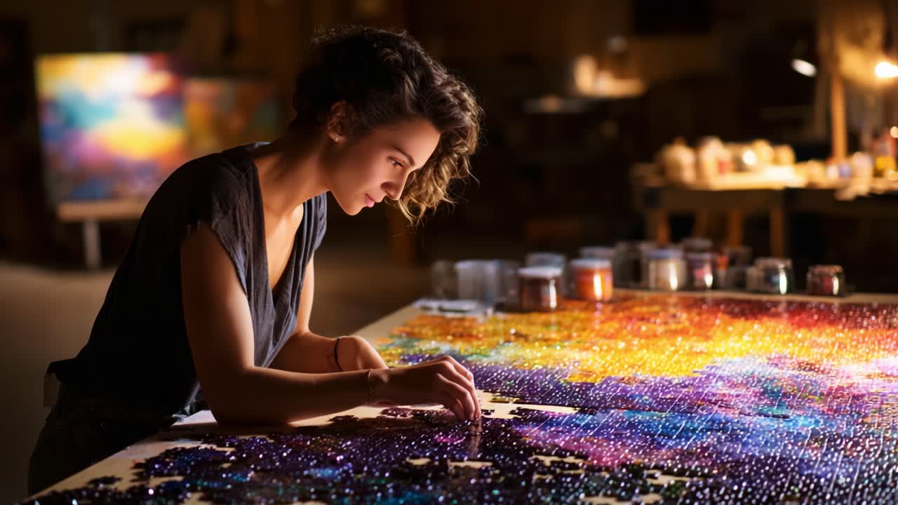 A dedicated artist immerses herself in creativity, assembling a vibrant puzzle masterpiece that showcases beautiful colors and intricate designs in a cozy, well-lit workspace