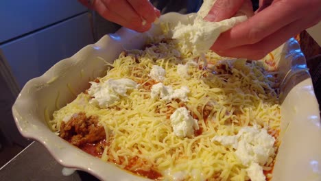 Mozzarella-Käse-Wird-Von-Hand-In-Die-Lasagneform-Gestreut