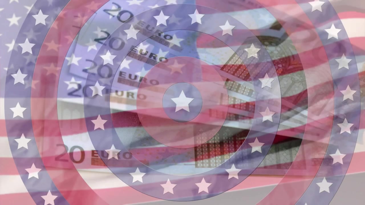 Animación de estrellas en círculos giratorios sobre una bandera estadounidense ondeando y billetes de euro.