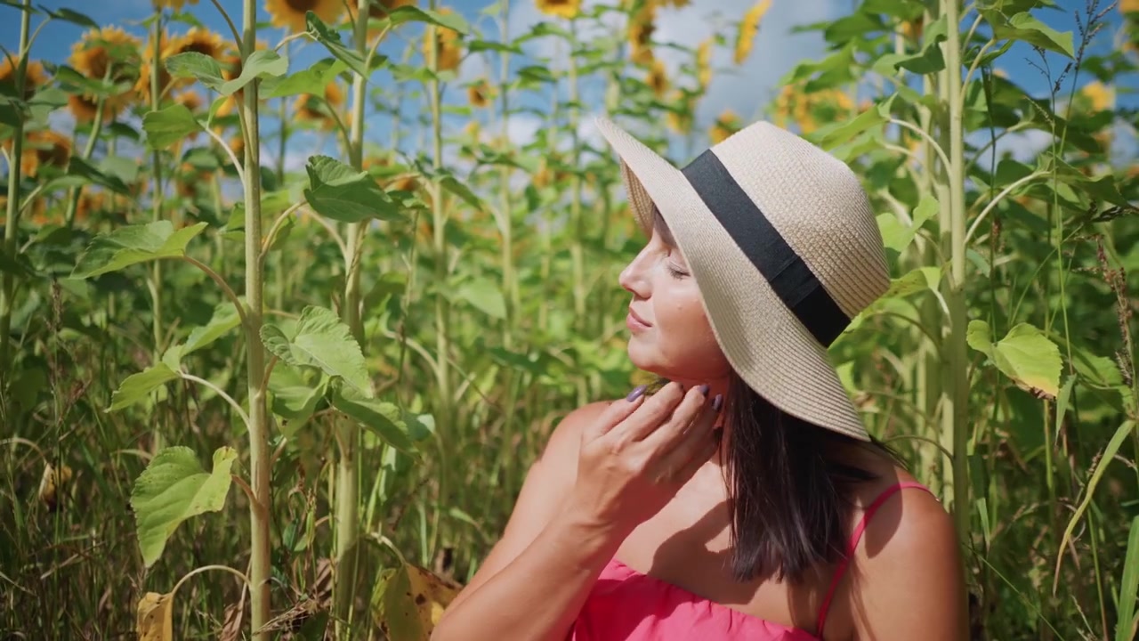 Una donna in abito rosa siede tra i girasoli con articoli da picnic su una coperta. Un campo di girasoli sotto un cielo blu, alti steli verdi e fiori gialli la circondano. La vista ravvicinata enfatizza la posa rilassata.