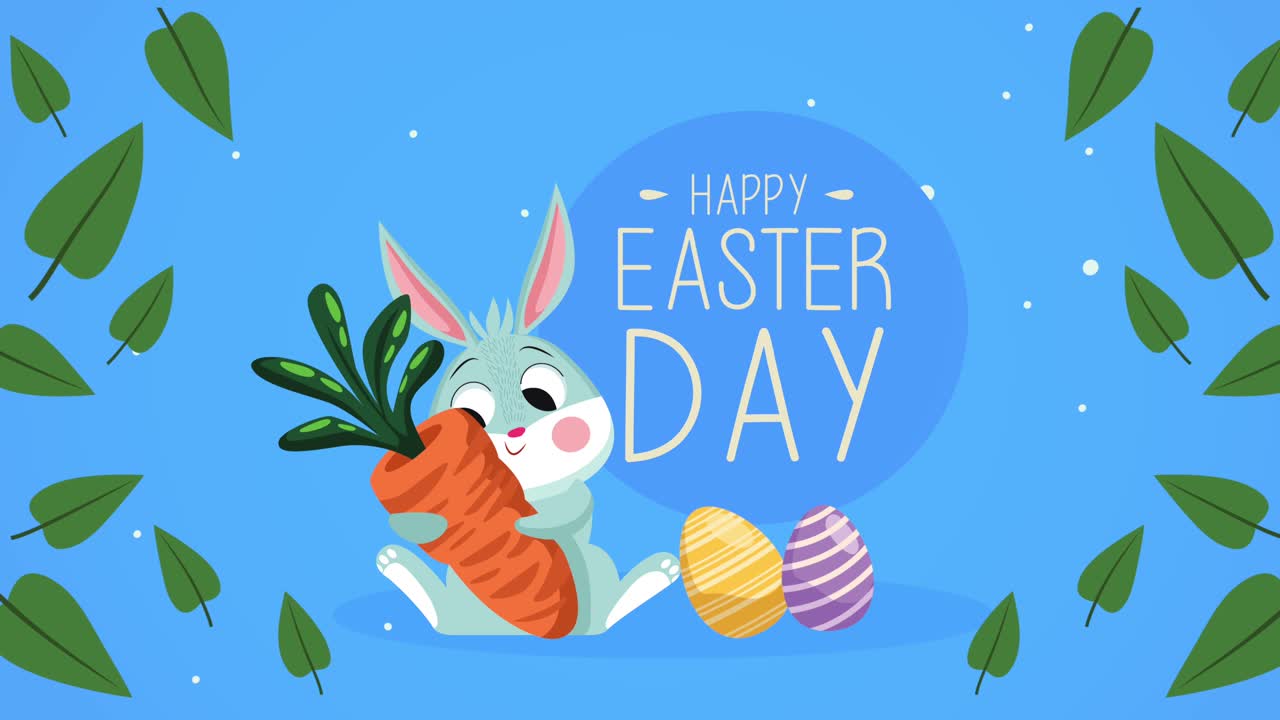 happy easter day lettering con coniglio che abbraccia carote e uova
