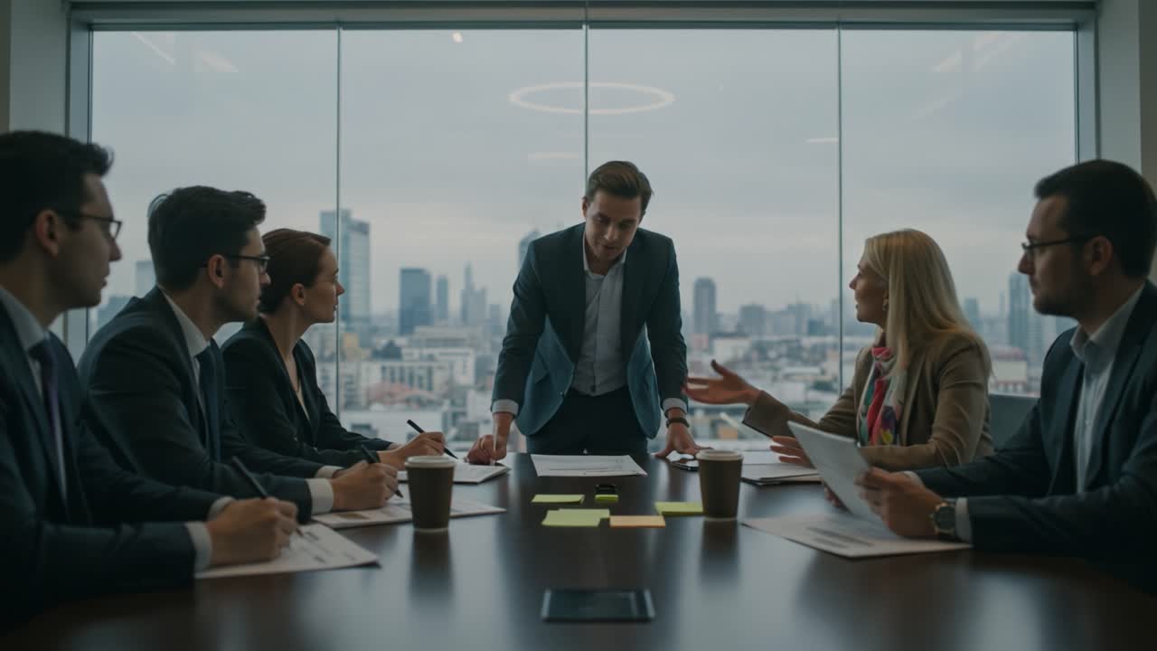 Engaging Business Meeting in a Modern Office with Professionals Collaborating on Strategic Decisions and Planning, with a Gleaming Cityscape in the Background