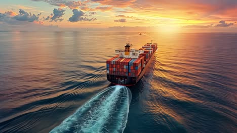 container ship sailing on the open ocean at sunset
