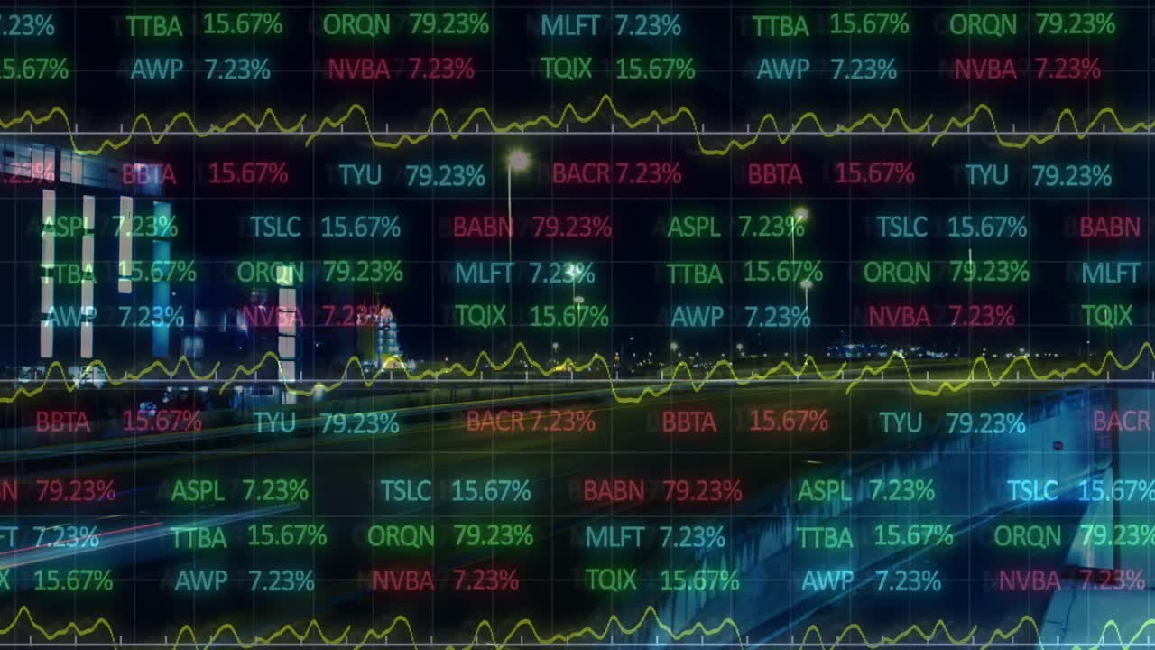 Stock market data processing against view of night city traffic