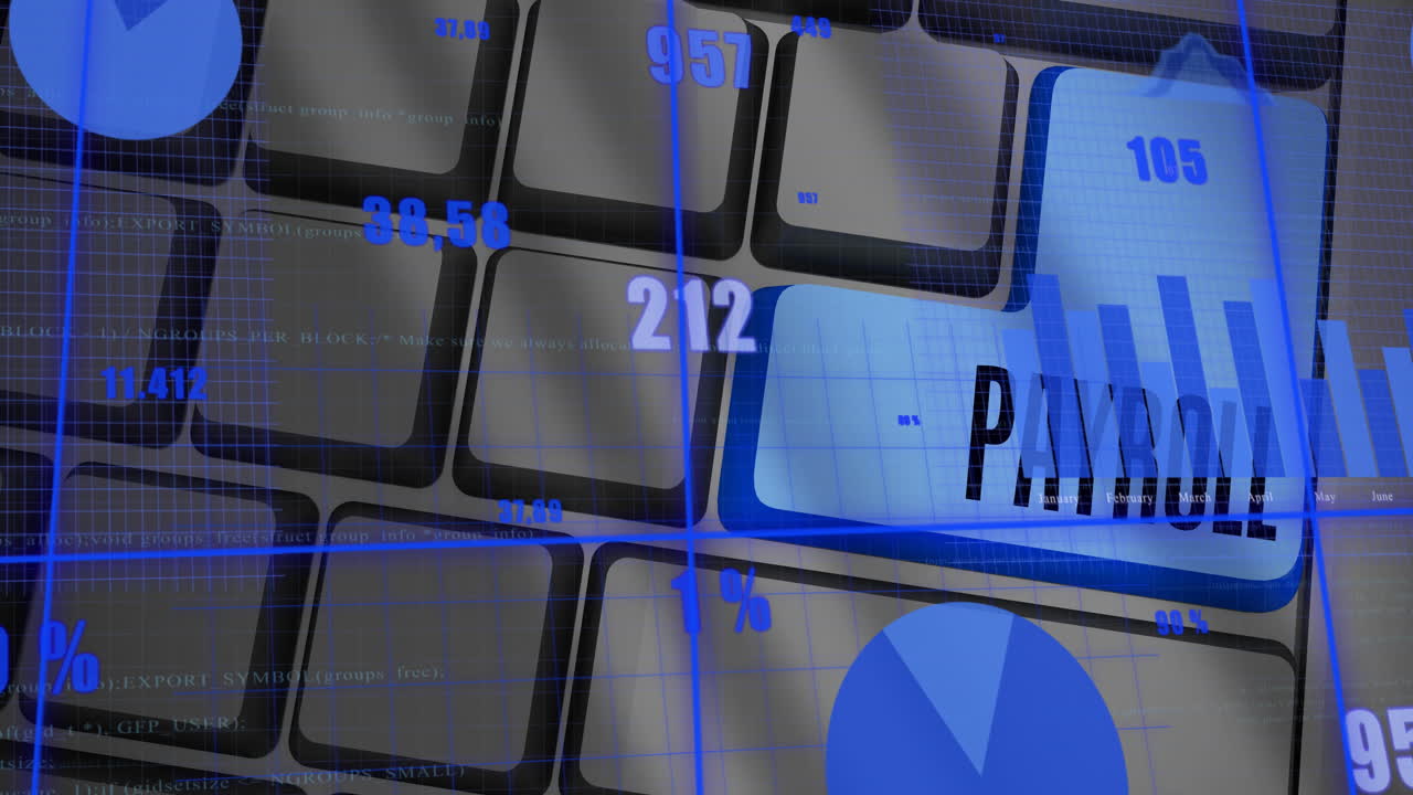 animación del procesamiento de datos financieros sobre el texto de la nómina en el teclado