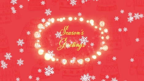 snowflakes falling over seasons greetings text and fairy lights against red background